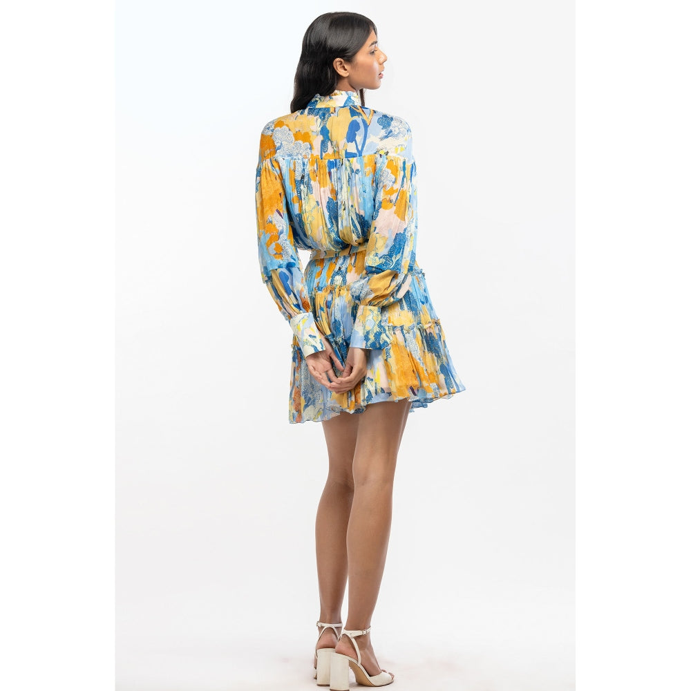 MANDIRA WIRK Chiffon Printed Gathered Top with Tiered Skirt Yellow & Blue (Set of 2)