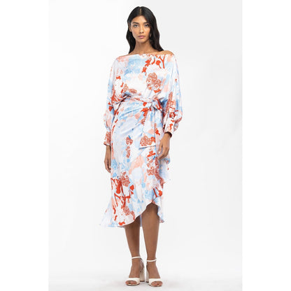 MANDIRA WIRK Satin Printed Off Shoulder Top with Wrap Skirt Ivory & orange (Set of 2)