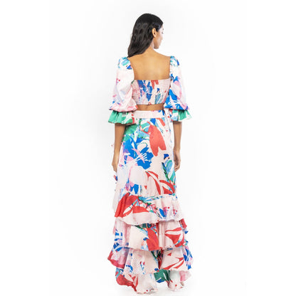 MANDIRA WIRK Satin Printed Rooshed Crop Top with High Low Skirt Beige & Red (Set of 2)