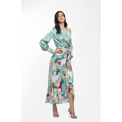 MANDIRA WIRK Satin Printed Off Shoulder Top with Wrap Skirt Green (Set of 2)