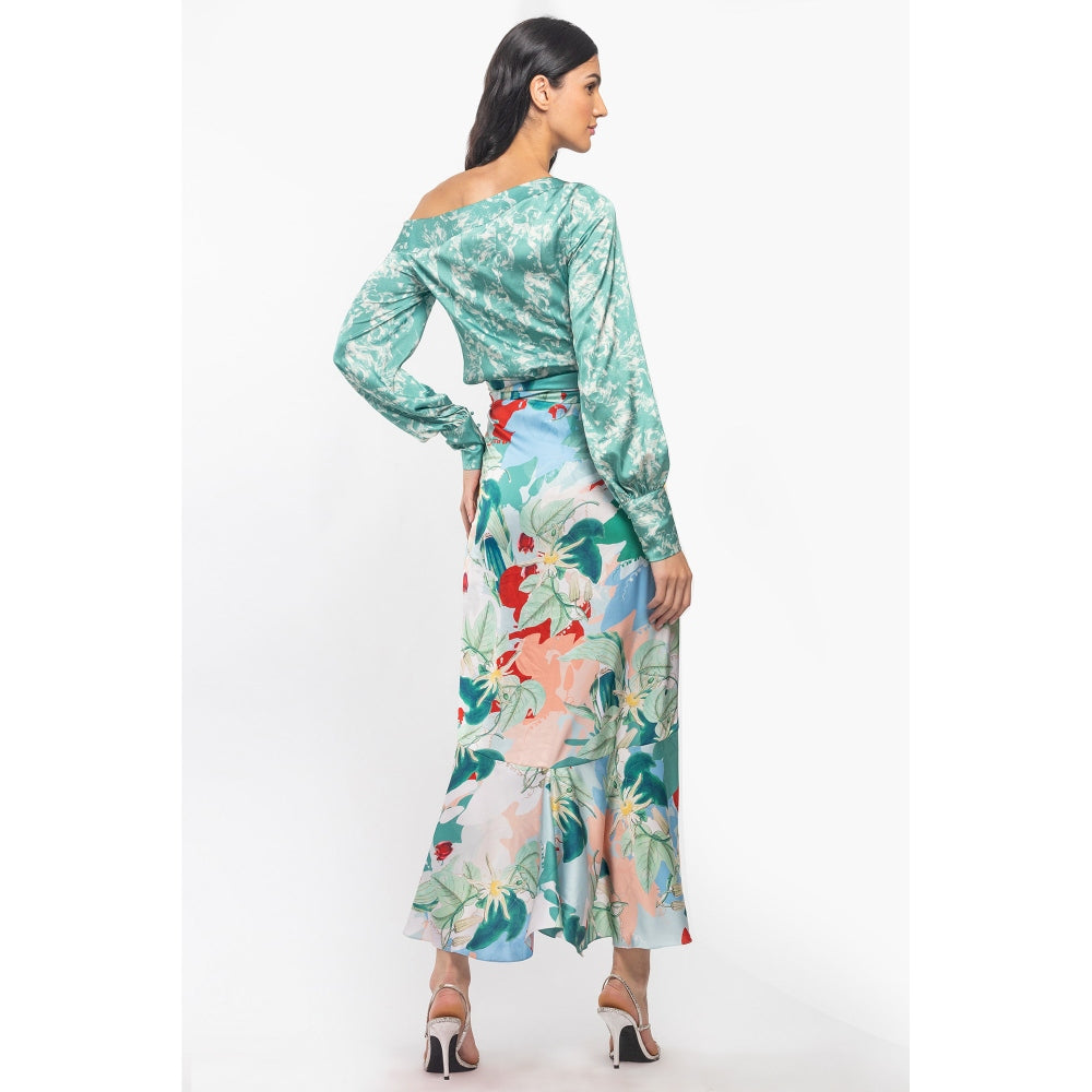 MANDIRA WIRK Satin Printed Off Shoulder Top with Wrap Skirt Green (Set of 2)