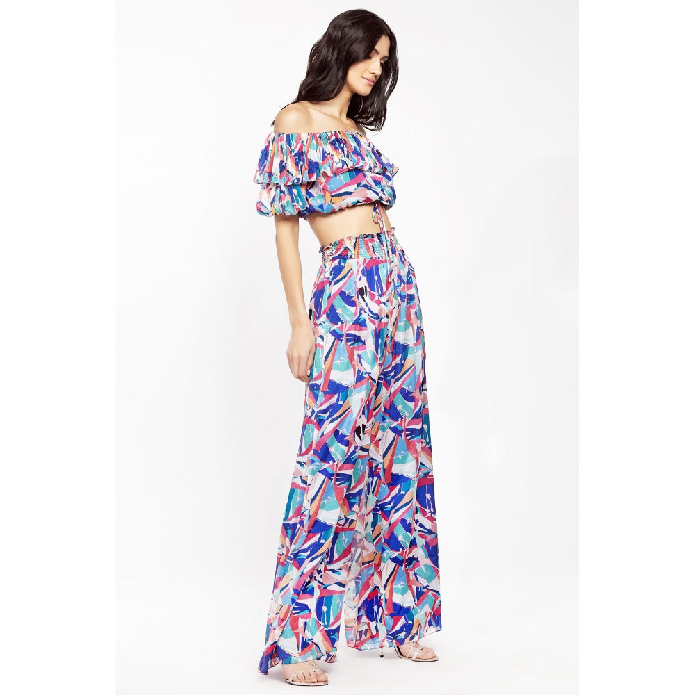 MANDIRA WIRK Chiffon Printed Off Shoulder Crop Top with Smocking Pants Blue (Set of 2)