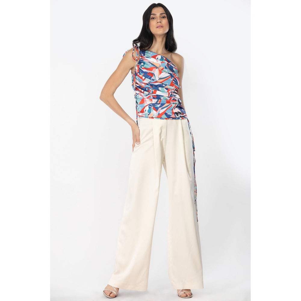 MANDIRA WIRK Satin Off Shoulder Rooshed Top with Dust Satin Pants Blue & Pink (Set of 2)