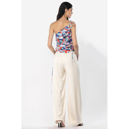 MANDIRA WIRK Satin Off Shoulder Rooshed Top with Dust Satin Pants Blue & Pink (Set of 2)