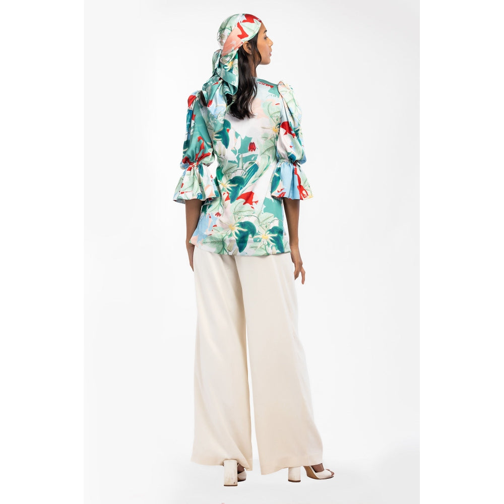 MANDIRA WIRK Satin Printed Pleted Top with Ivory Dust Satin Pleated Pants Green (Set of 2)