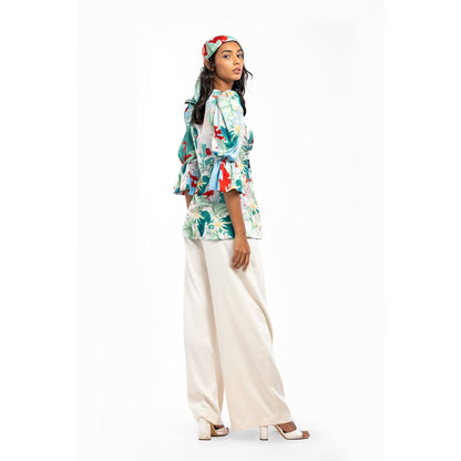 MANDIRA WIRK Satin Printed Pleted Top with Ivory Dust Satin Pleated Pants Green (Set of 2)