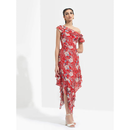 MANDIRA WIRK Ajisia Printed One Off Shoulder Dress Red