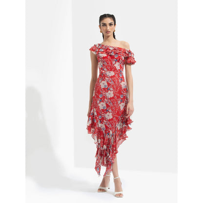 MANDIRA WIRK Ajisia Printed One Off Shoulder Dress Red