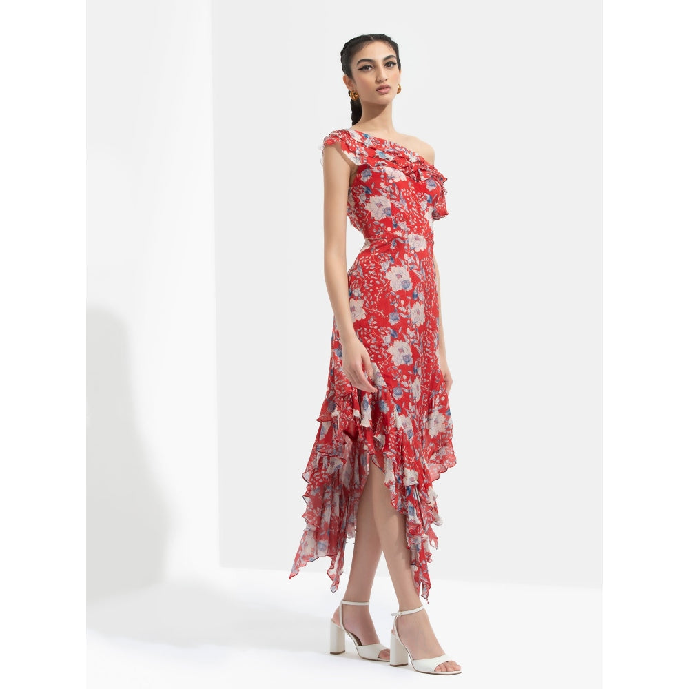 MANDIRA WIRK Ajisia Printed One Off Shoulder Dress Red