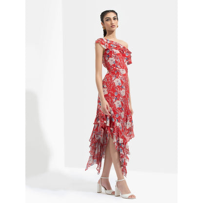 MANDIRA WIRK Ajisia Printed One Off Shoulder Dress Red