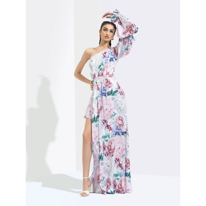 MANDIRA WIRK Iris Printed One Off Shoulder High Low Dress Multi-Color