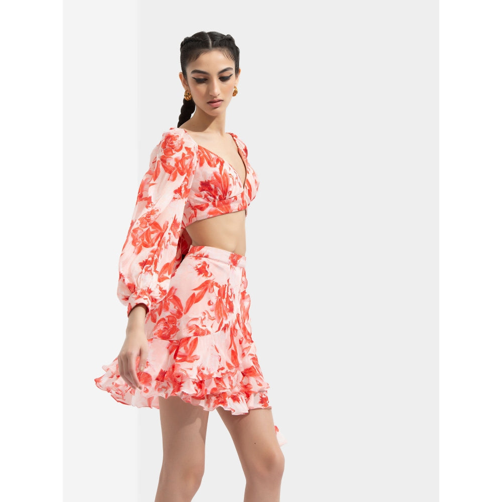 MANDIRA WIRK Matsu Printed Wrap Skirt Paired with Blouse Red (Set of 2)