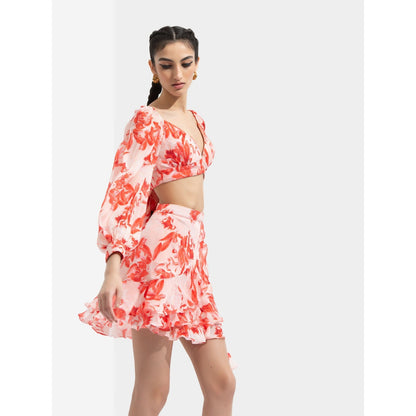 MANDIRA WIRK Matsu Printed Wrap Skirt Paired with Blouse Red (Set of 2)