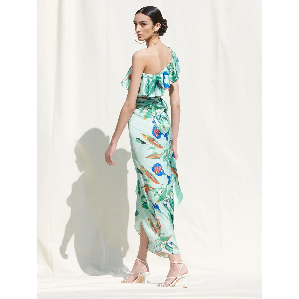 MANDIRA WIRK Crop Top Paired withPrinted Wrap Around Skirt Blue (Set of 2)