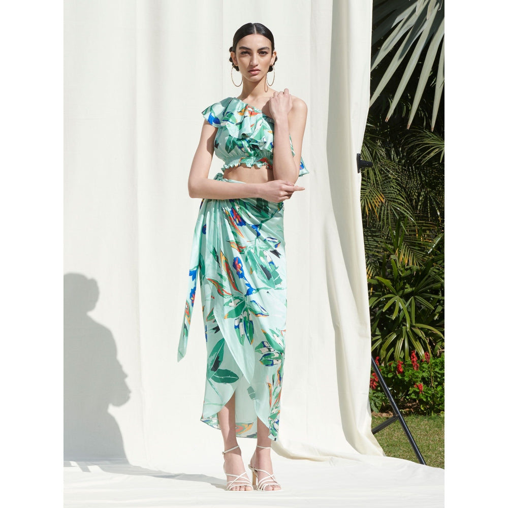 MANDIRA WIRK Crop Top Paired withPrinted Wrap Around Skirt Blue (Set of 2)