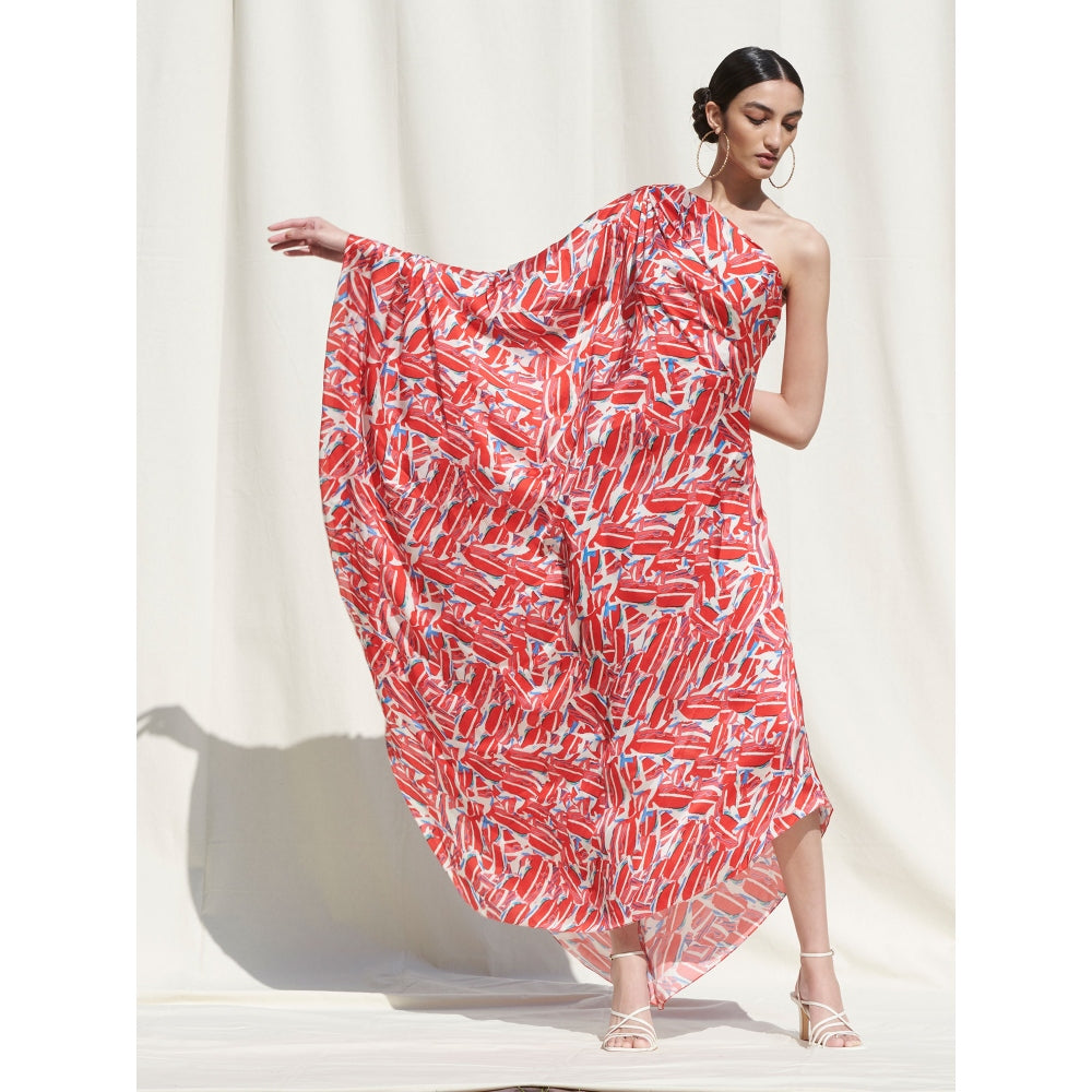 MANDIRA WIRK One Shoulder Drape Kaftan Style Maxi Dress Pink