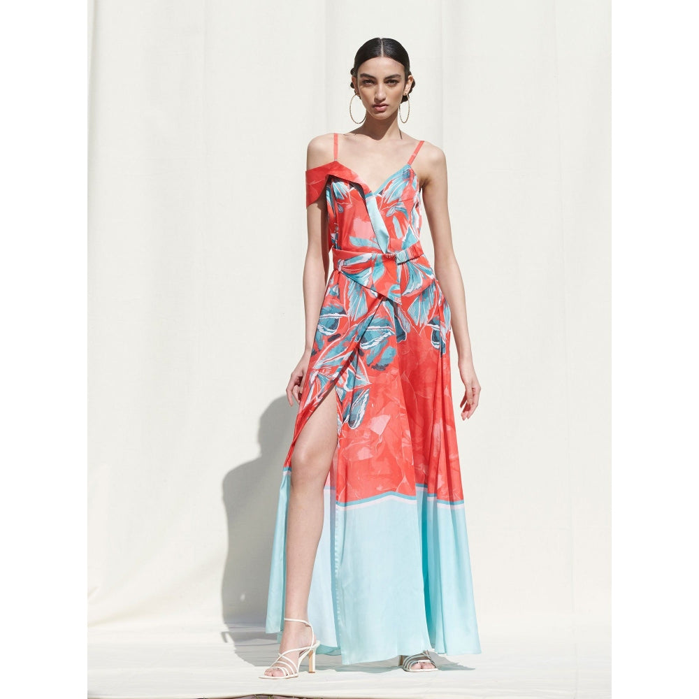 MANDIRA WIRK Wrap Panelled Dress andBelt Details Red, Blue (Set of 2)