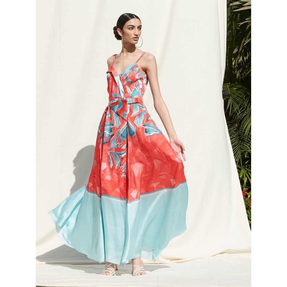MANDIRA WIRK Wrap Panelled Dress andBelt Details Red, Blue (Set of 2)