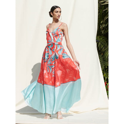 MANDIRA WIRK Wrap Panelled Dress andBelt Details Red, Blue (Set of 2)