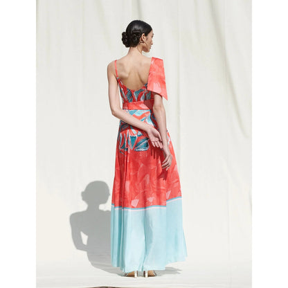 MANDIRA WIRK Wrap Panelled Dress andBelt Details Red, Blue (Set of 2)