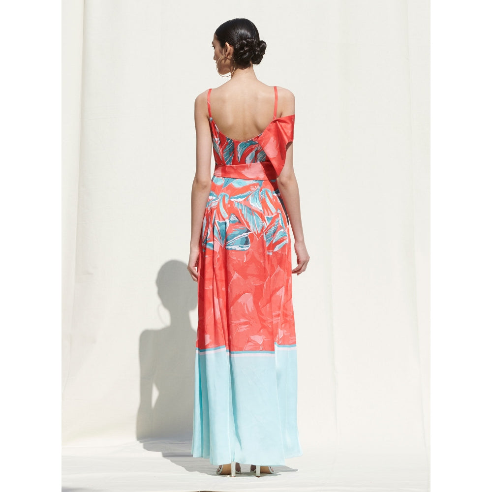 MANDIRA WIRK Wrap Panelled Dress andBelt Details Red, Blue (Set of 2)