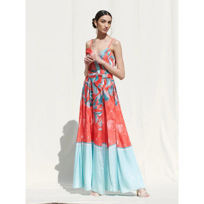 MANDIRA WIRK Wrap Panelled Dress andBelt Details Red, Blue (Set of 2)