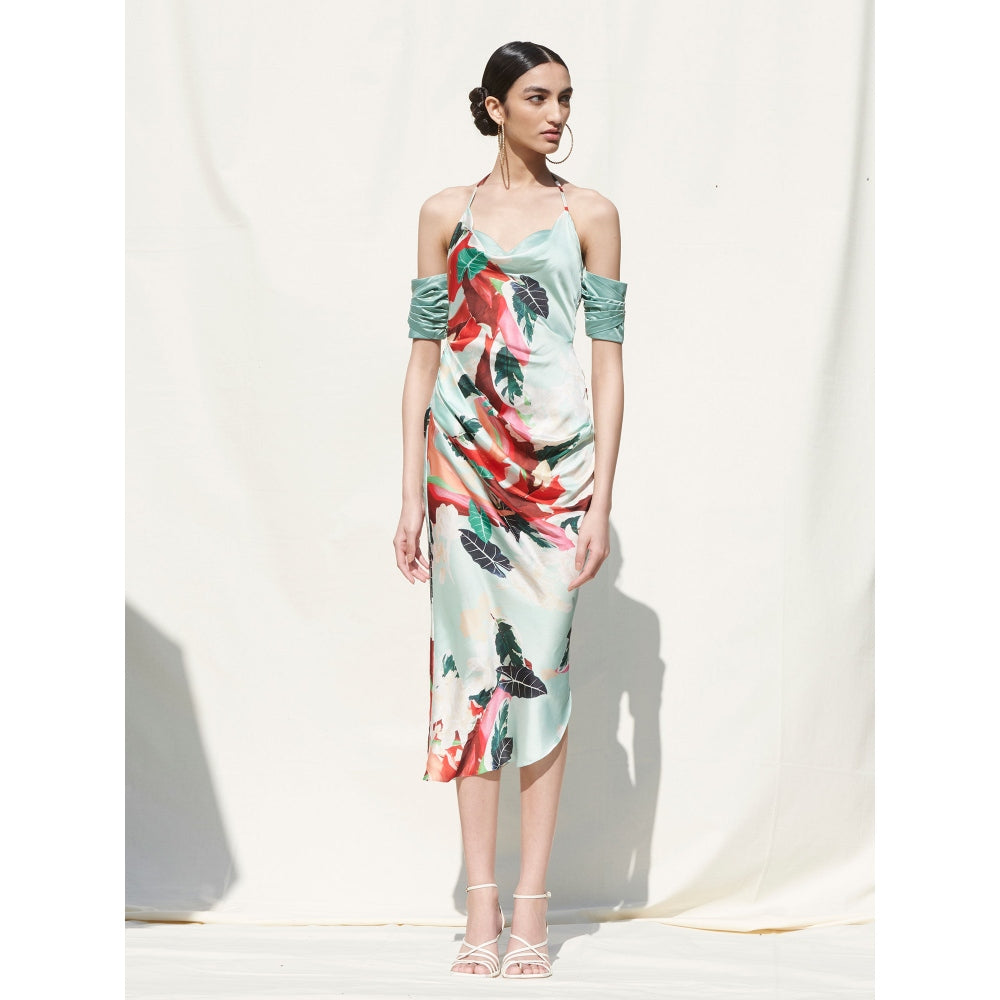 MANDIRA WIRK Drap Slipe Dress with Pleating Details On Sleeves Green