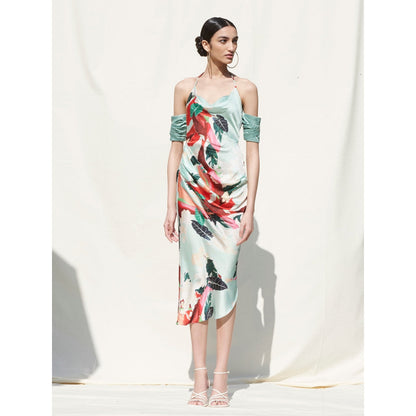 MANDIRA WIRK Drap Slipe Dress with Pleating Details On Sleeves Green