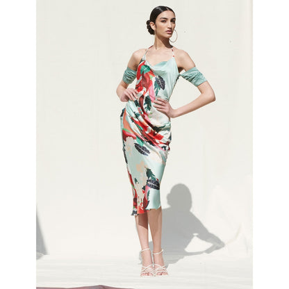 MANDIRA WIRK Drap Slipe Dress with Pleating Details On Sleeves Green