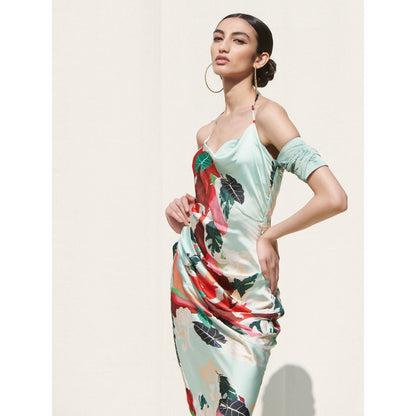 MANDIRA WIRK Drap Slipe Dress with Pleating Details On Sleeves Green