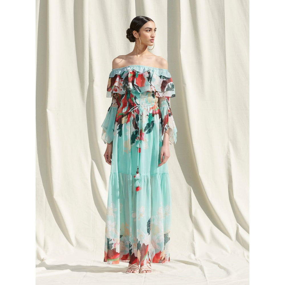 MANDIRA WIRK Off Shoulder Smocking Dress with Handkerchief Sleeves Multi-Color