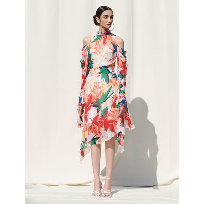 MANDIRA WIRK Asymmetrical Dress with Tie Up Details On Neck and Sleeves Multi-Color