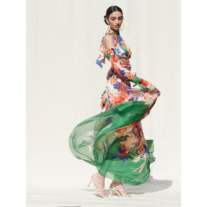 MANDIRA WIRK Skirts with Smocking On Its Waist Paired withHalter Crop Top (Set of 2)