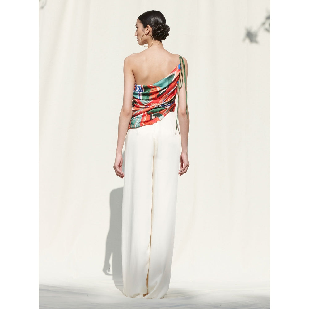 MANDIRA WIRK Draped One Shoulder Top Paired with An Ivory Pallazo Multi-Color (Set of 2)