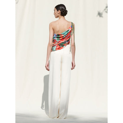 MANDIRA WIRK Draped One Shoulder Top Paired with An Ivory Pallazo Multi-Color (Set of 2)