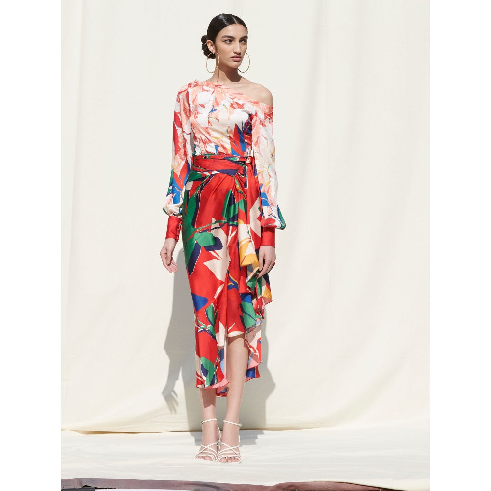 MANDIRA WIRK Panelled Top withWrap Around Skirt Multi-Color (Set of 2)