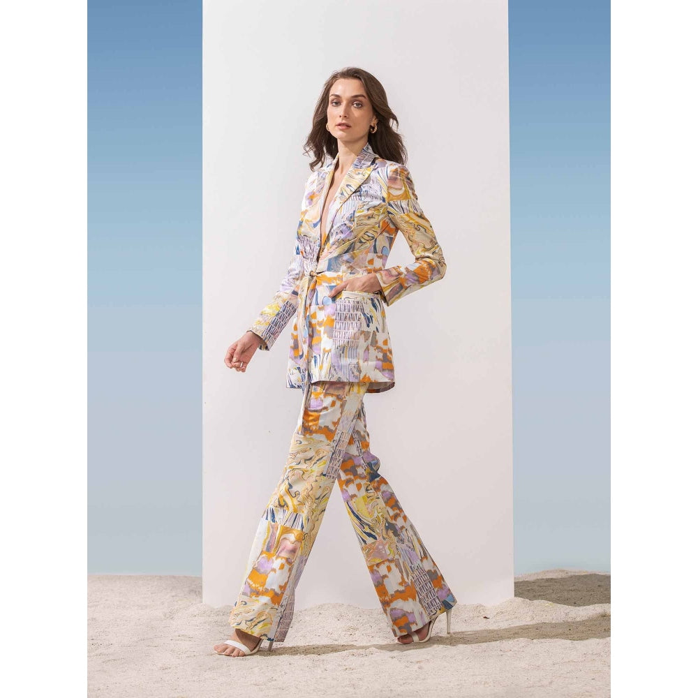 MANDIRA WIRK Satin Marble Print Front Tie-Up Jacket & Pants (Set of 2)