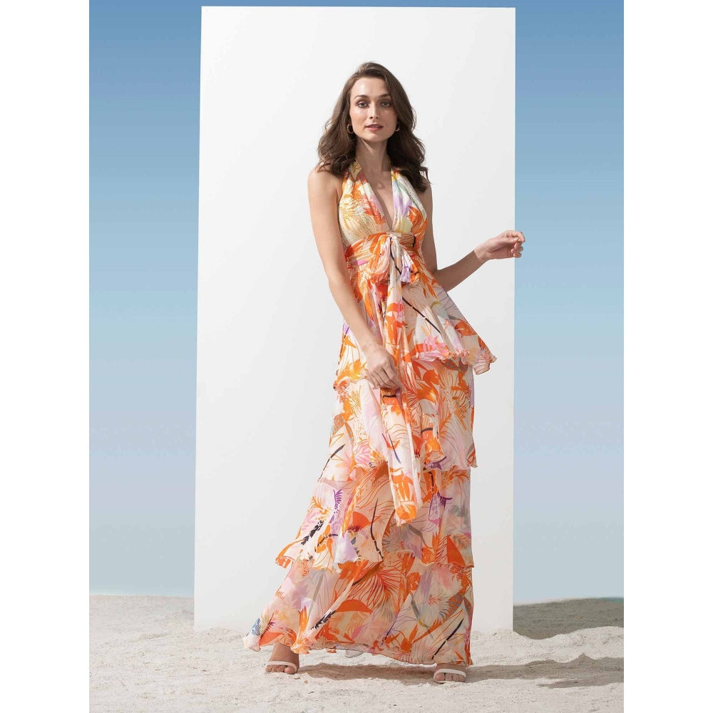 MANDIRA WIRK Lurex Georgette Halter Tiered Dress