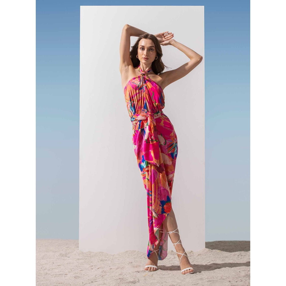 MANDIRA WIRK Abstract Print Satin Halter Neck Dress