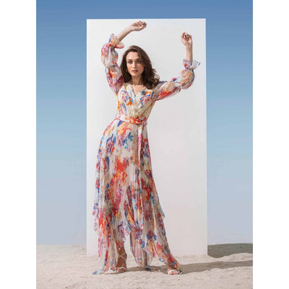 MANDIRA WIRK Pleated Chiffon Dress with Tie-Up Belt