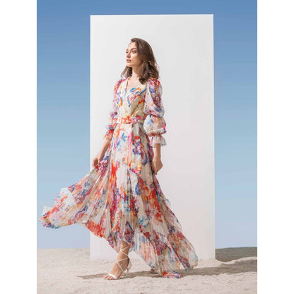 MANDIRA WIRK Pleated Chiffon Dress with Tie-Up Belt