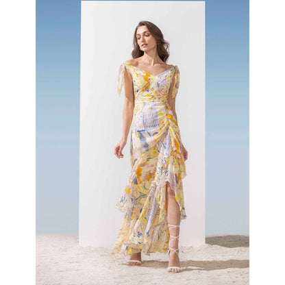 MANDIRA WIRK Off Shoulder Layered Dress with Tie-Ups