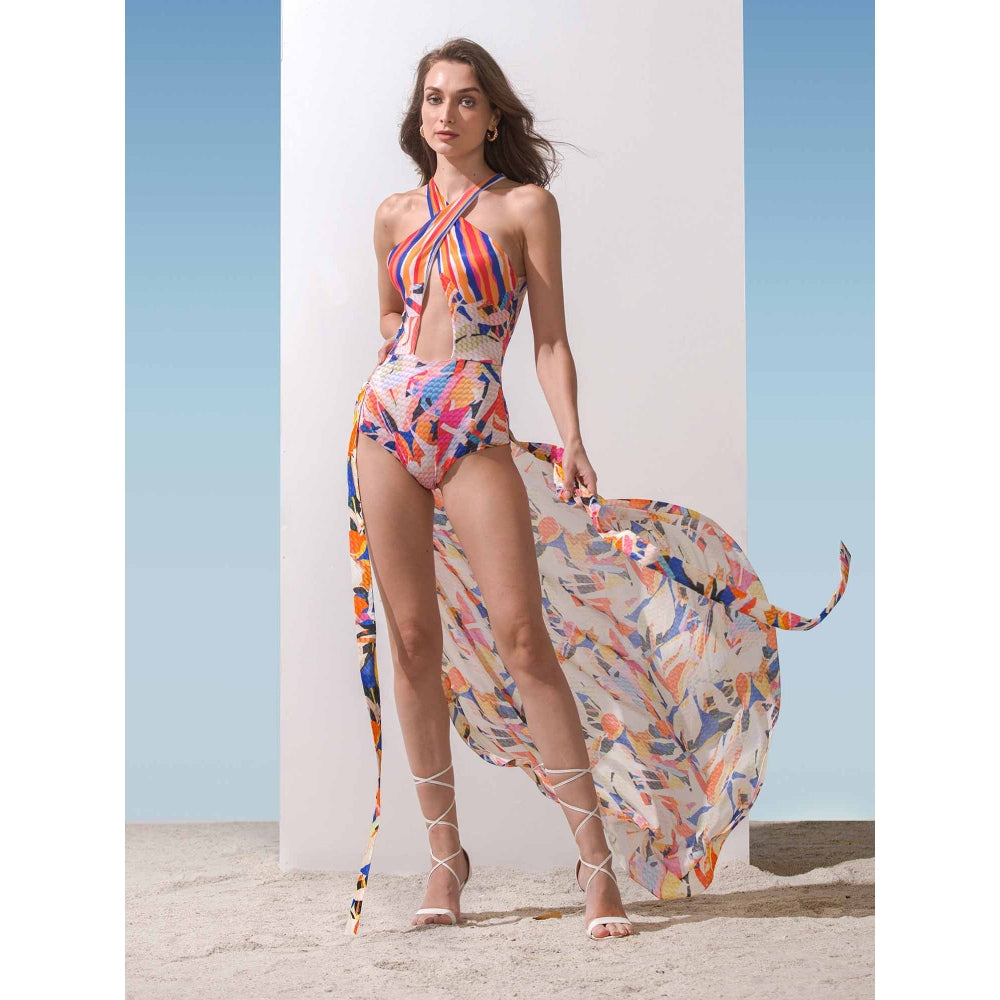 MANDIRA WIRK Printed Chiffon Wrap & Geometric Bodysuit (Set of 2)