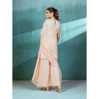 MANDIRA WIRK Salmon Pink Organza Foil Printed and Embroidered Palazzo (Set of 3)
