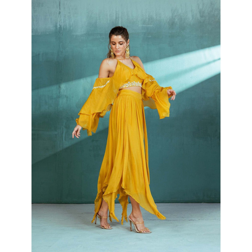 MANDIRA WIRK Mustard Chiffon Top and Skirt (Set of 2)