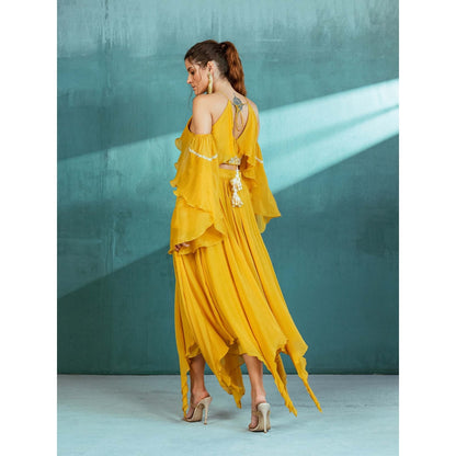 MANDIRA WIRK Mustard Chiffon Top and Skirt (Set of 2)