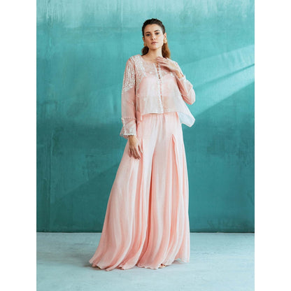 MANDIRA WIRK Peach Embroidered Organza Palazzo (Set of 3)
