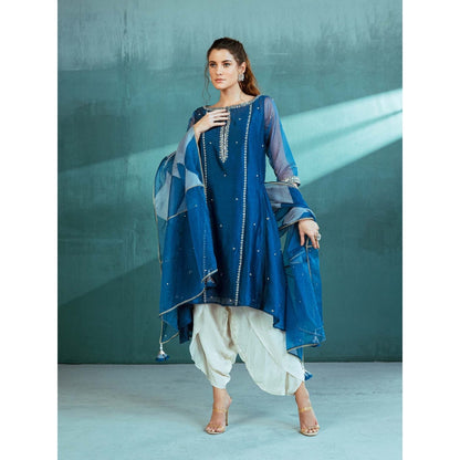 MANDIRA WIRK Blue Chanderi Godet Kurta Dhoti (Set of 4)