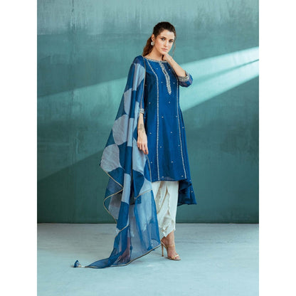 MANDIRA WIRK Blue Chanderi Godet Kurta Dhoti (Set of 4)