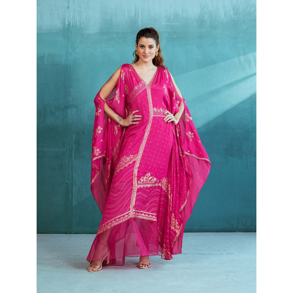 MANDIRA WIRK Fuschia Pink Chiffon Kaftan with Inner Slip (Set of 2)